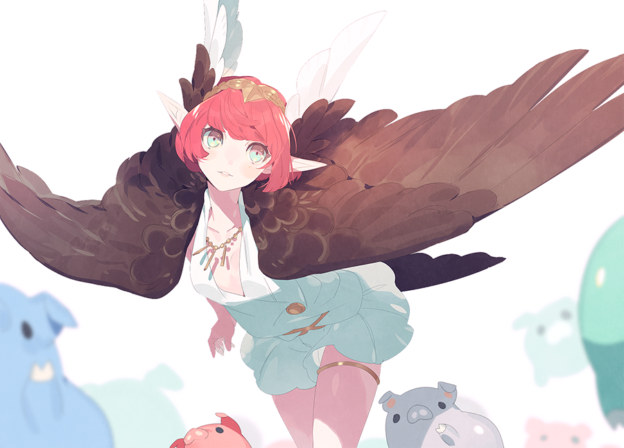 10r_(tulipano), 1girl, blue_eyes, circe_(fate), dress, fate/grand_order, fate_(series), pig, pink_hair, pointy_ears, short_hair, solo, thigh_strap, white_background, wings