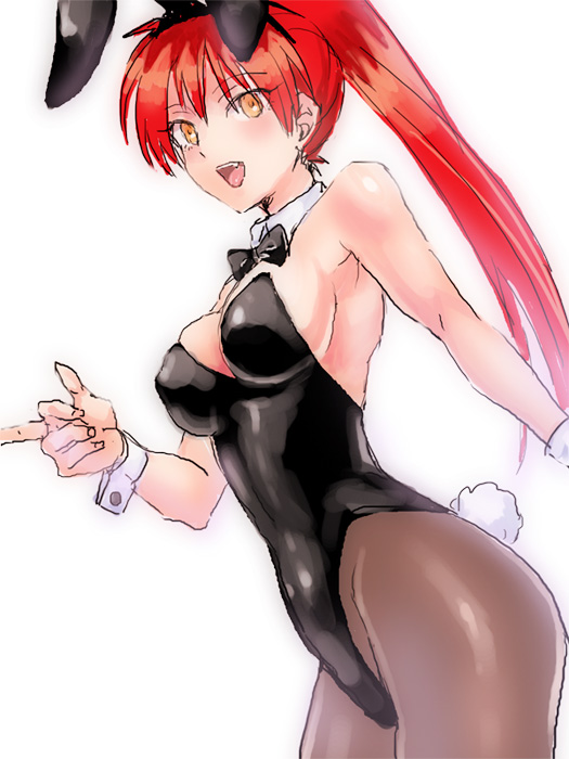 1girl, :d, akabane_karma, animal_ears, ansatsu_kyoushitsu, bangs, black_legwear, black_leotard