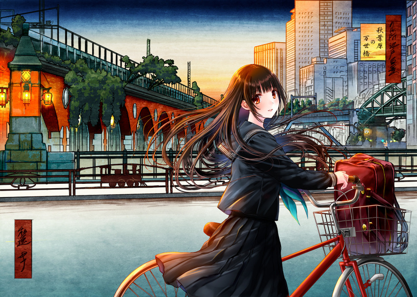 1girl, bag, bicycle, bicycle_basket, black_hair, bridge, brown_eyes, brown_hair