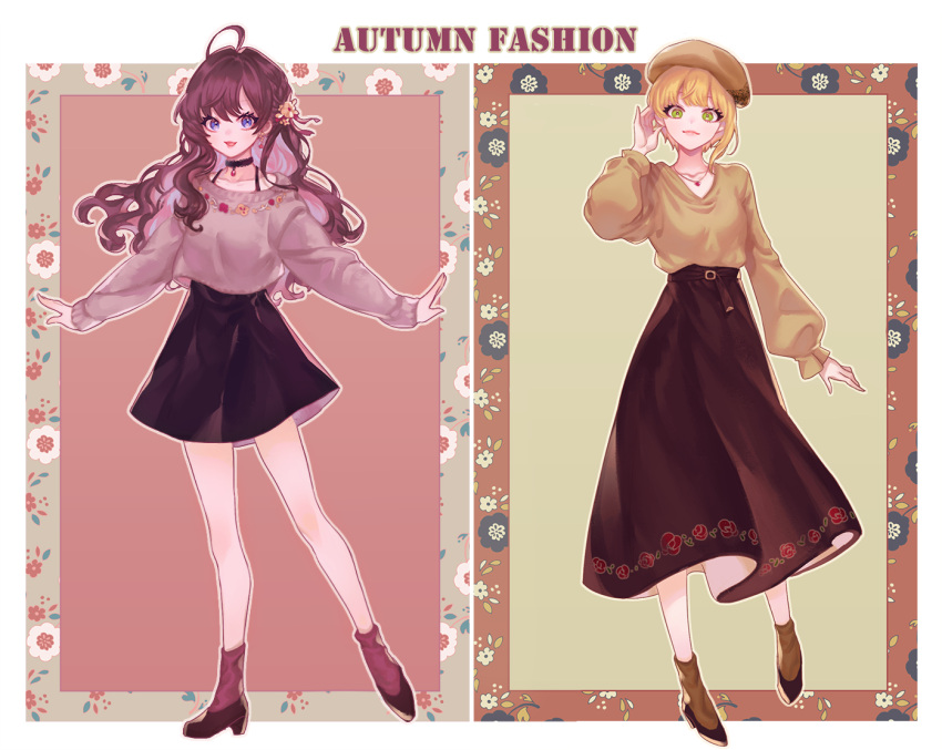 2girls, :3, :d, adjusting_hair, ahoge, alternate_costume, arm_at_side, bangs