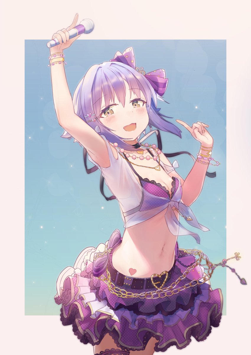 1girl, :3, :d, absurdres, arm_up, armpits, belt, belt_buckle, bikini, bikini_top, black_choker, blue_background, blush, bow, bracelet, breasts, buckle, chains, choker, dot_nose, eyebrows_visible_through_hair, gold_chain, gold_necklace, hair_bow, hair_intakes, hair_ornament, hairclip, hako_(lxcombox), half-closed_eyes, heart, heart_necklace, highres, holding, holding_microphone, idolmaster, idolmaster_cinderella_girls, idolmaster_cinderella_girls_starlight_stage, jewelry, koshimizu_sachiko, lace, lace-trimmed_bikini, lace-trimmed_skirt, layered_skirt, leg_garter, light_particles, looking_at_viewer, microphone, midriff, multiple_necklaces, navel, necklace, open_mouth, pointing, pointing_up, polka_dot, polka_dot_bikini_top, polka_dot_skirt, purple_bikini_top, purple_bow, purple_hair, purple_skirt, see-through, short_hair, sidelocks, skirt, small_breasts, smile, solo, striped, striped_bow, swimsuit, tattoo, yellow_eyes