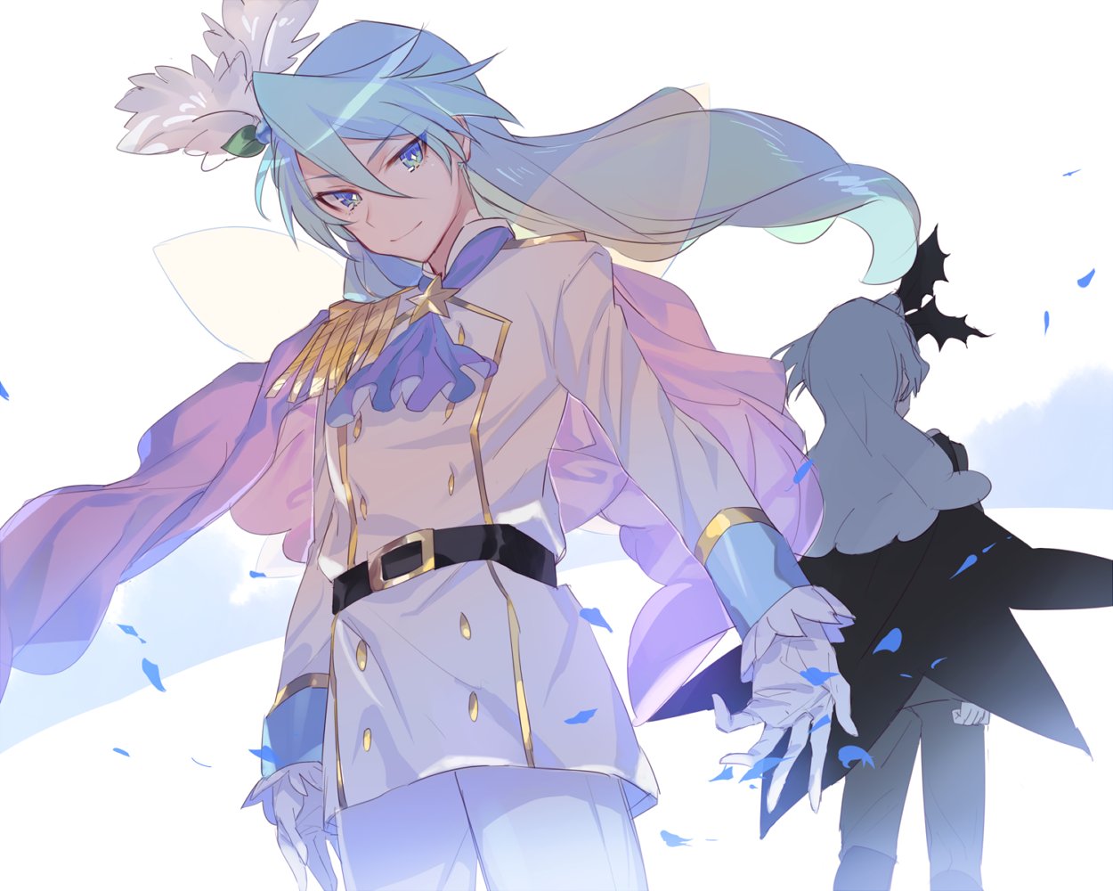 2boys, blue_eyes, blue_hair, cow_(shadow), cure_waffle, dual_persona, epaulettes, gloves