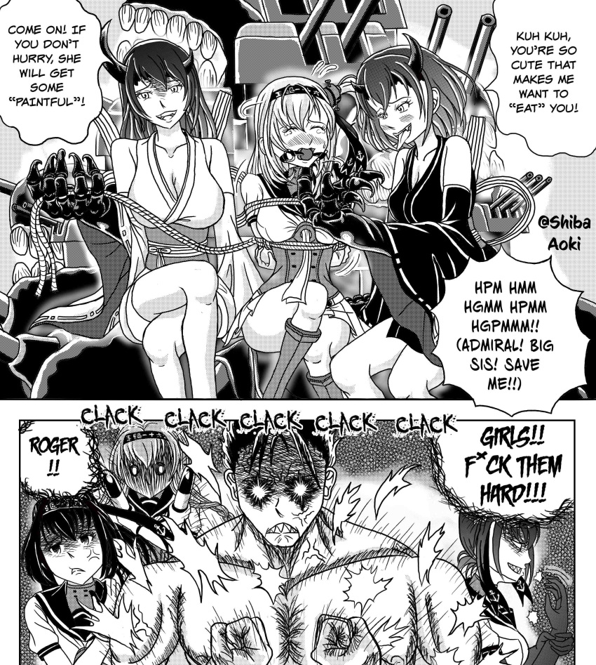 absurdres, admiral_(kantai_collection), akizuki_(kantai_collection), arms_behind_back, ball_gag, bdsm, black_hair, blue_eyes, bodysuit, bondage, bound, breasts, claws, demon_girl, gag, glowing, glowing_eyes, hairband, hatsuzuki_(kantai_collection), highres, japanese_clothes, kantai_collection, kimono, long_hair, mechanical_arm, miniskirt, night_strait_hime_(black), night_strait_hime_(white), pantyhose, ponytail, rope, school_uniform, silver_hair, skirt, suzutsuki_(kantai_collection), teruzuki_(kantai_collection)