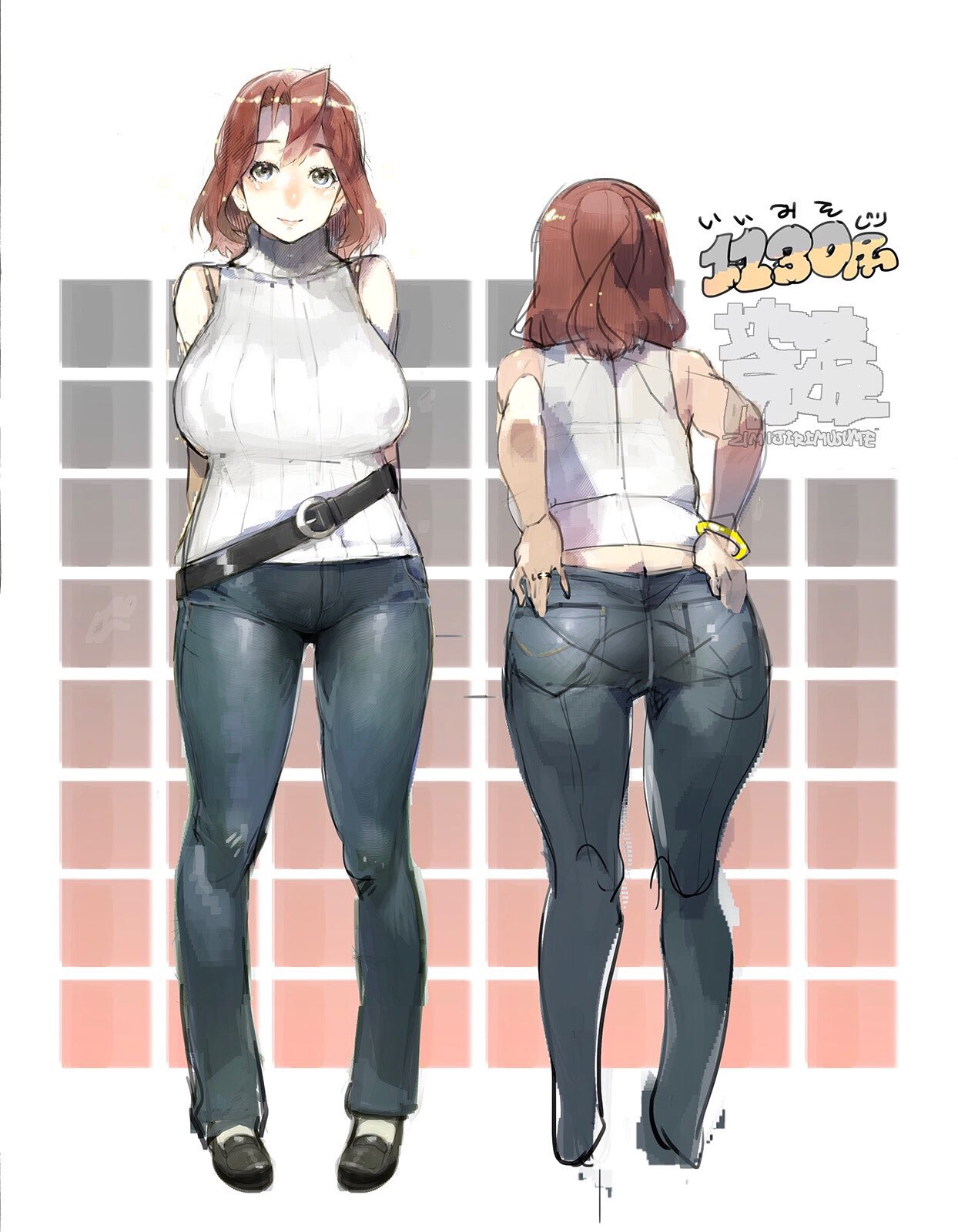 1girl, ass, bangle, belt, bracelet, breasts, brown_hair, butt_crack, commentary, denim, flat_ass, full_body, grey_eyes, highres, jeans, jewelry, large_breasts, long_hair, multiple_views, namaniku_atk, original, pants, panty_lines, ribbed_sweater, sleeveless, sleeveless_turtleneck, solo, standing, sweater, turtleneck