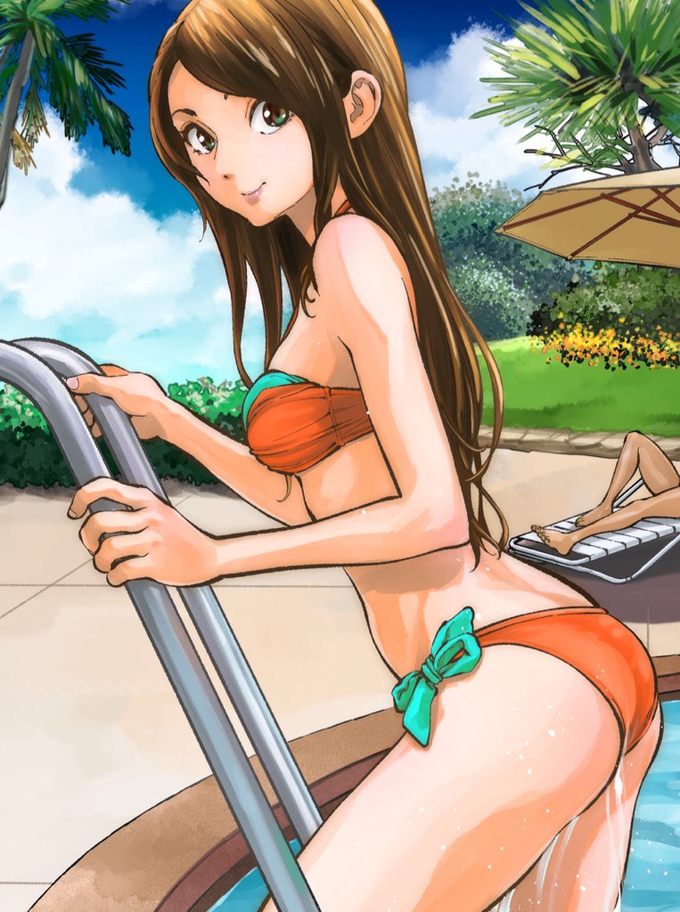 amakasu_an, bikini, brown_hair, long_hair, mori_taishi, official_art, palm_tree, radiation_house, swimsuit, tree, umbrella