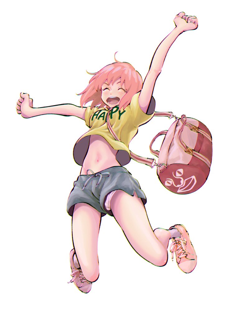 bag, mori_taishi, official_art, original, panties, pantyshot, short_hair, shorts