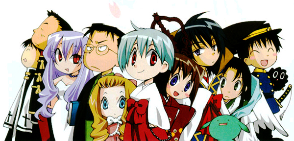 3girls, 6+boys, :d, alternate_hair_color, black_hair, blonde_hair, blush_stickers, bob_cut, bow, brown_hair, chibi, child, closed_eyes, dress, edwards, feathered_wings, formal, frown, glasses, grey_eyes, hair_between_eyes, hair_slicked_back, hakama, haruka_(tactics), hasumi_ryokan, hat, ibaragi_douji, ichinomiya_kantarou, japanese_clothes, katana, kimono, kinoshita_sakura, long_hair, long_sleeves, looking_at_viewer, military, military_hat, military_uniform, minamoto_raikou, multiple_boys, multiple_girls, muu-chan, official_art, open_mouth, peaked_cap, purple_hair, red_eyes, red_hakama, rosalie_(tactics), sakata_kimishige, scan, short_hair, silver_hair, smile, sugino_(tactics), sword, tactics, tengu, traditional_media, uniform, watanabe_suekichinobu, weapon, white_dress, white_wings, wings, yoko_(tactics)