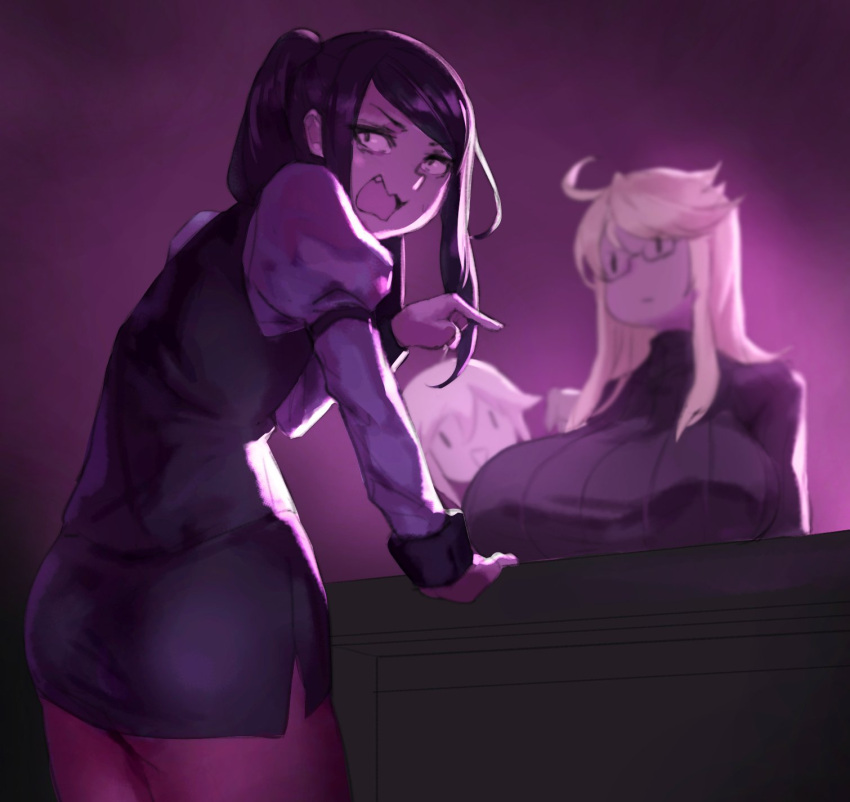 3girls, ahoge, alma_(va-11_hall-a), bangs, breast_envy, breast_rest, breasts, commentary, eu03, fang, flat_chest, glasses, highres, huge_breasts, julianne_stingray, long_hair, multiple_girls, muted_color, pencil_skirt, pointing, purple, ribbed_sweater, sidelocks, skirt, sweater, swept_bangs, under-rim_eyewear, va-11_hall-a, |_|