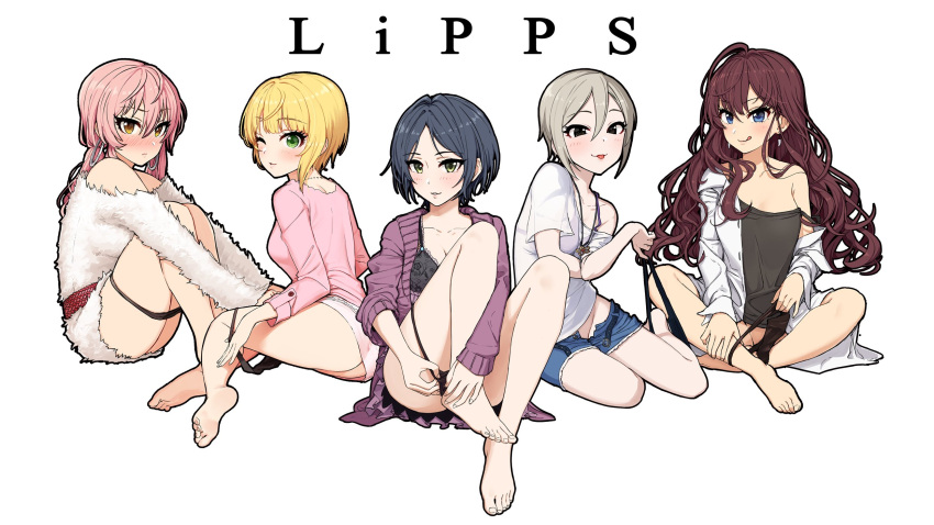 5girls, ahoge, asymmetrical_hair, bangs, barefoot, belt, black_camisole, black_eyes