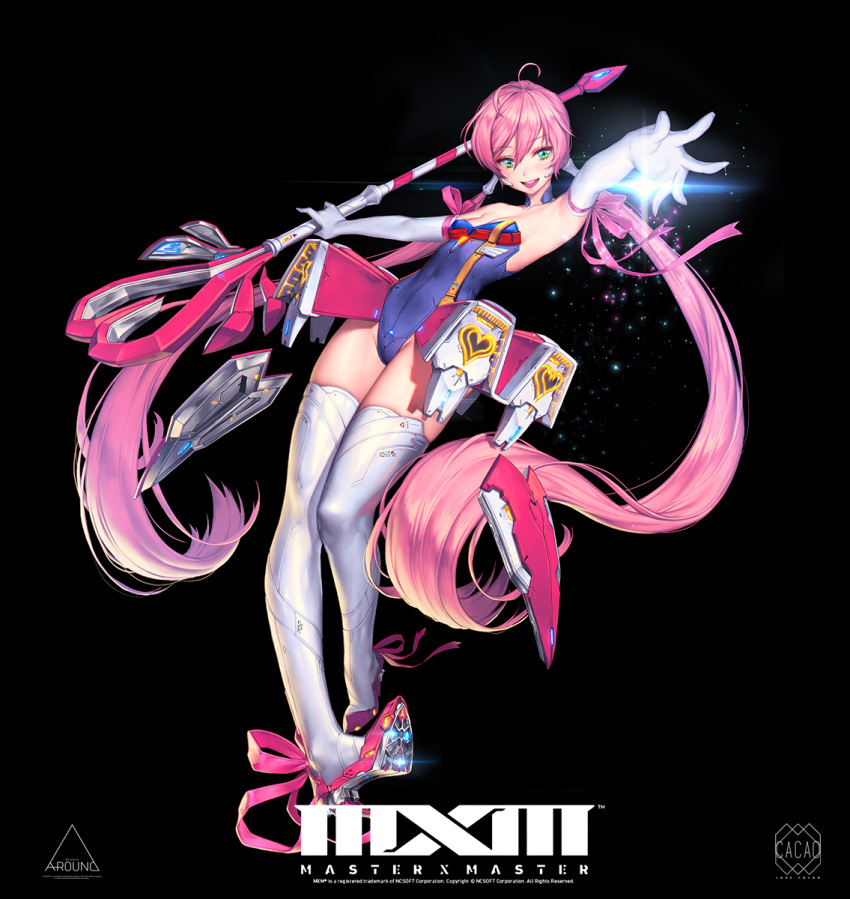 1girl, alternate_costume, alternate_hair_color, breasts, copyright_name, elbow_gloves, full_body, gloves, green_eyes, highres, idol, leotard, long_hair, love_cacao, master_x_master, official_art, pink_hair, popstar_vita, small_breasts, solo, staff, strapless, thigh-highs, very_long_hair, vita_(master_x_master), wand, white_gloves, white_legwear