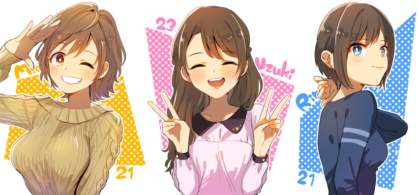 3girls, alternate_hair_length, alternate_hairstyle, blush, breasts, brown_eyes, brown_hair, closed_eyes