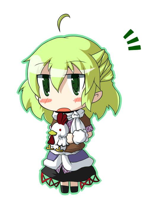 amura_(artist), arm_warmers, bad_id, bird, blonde_hair, chibi, chicken, green_eyes