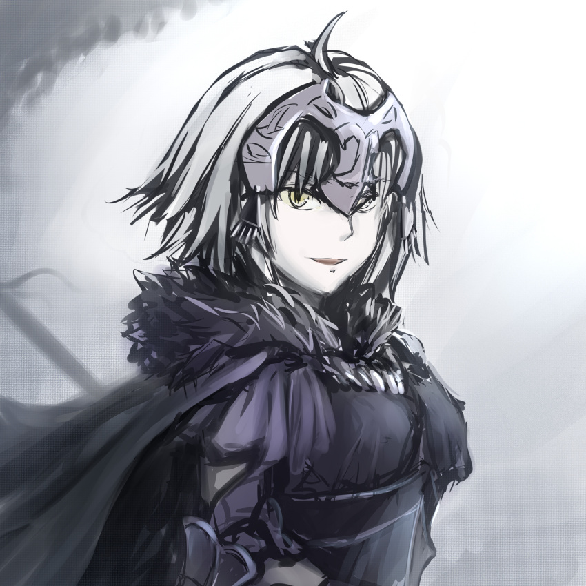 1girl, ahoge, armor, bangs, banner, black_cape, black_dress, breasts, cape, dress, eyebrows, eyebrows_visible_through_hair, facing_away, fate/grand_order, fate_(series), fur_collar, headpiece, highres, jeanne_d'arc_(alter)_(fate), jeanne_d'arc_(fate)_(all), looking_at_viewer, nose, open_mouth, short_hair, sketch, small_breasts, smile, solo, teeth, toyo-1040-maruthi, upper_body, white_hair, white_skin, yellow_eyes