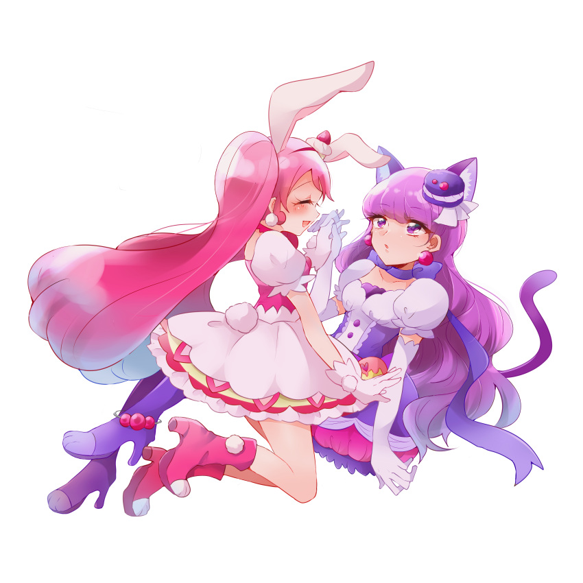 2girls, absurdres, animal_ears, boots, bunny_tail, cake_hair_ornament, cat_ears, cat_tail, choker, closed_eyes, cure_macaron, cure_whip, dress, earrings, elbow_gloves, extra_ears, food_themed_hair_ornament, gloves, hair_ornament, hand_holding, highres, jewelry, kirakira_precure_a_la_mode, kotozume_yukari, long_hair, looking_at_another, macaron_hair_ornament, magical_girl, multiple_girls, pink_footwear, pink_hair, precure, purple_dress, purple_footwear, purple_hair, purple_neckwear, rabbit_ears, ribbon_choker, shoes, simple_background, smile, tail, usami_ichika, violet_eyes, white_background, white_dress, white_gloves, yutsuchi