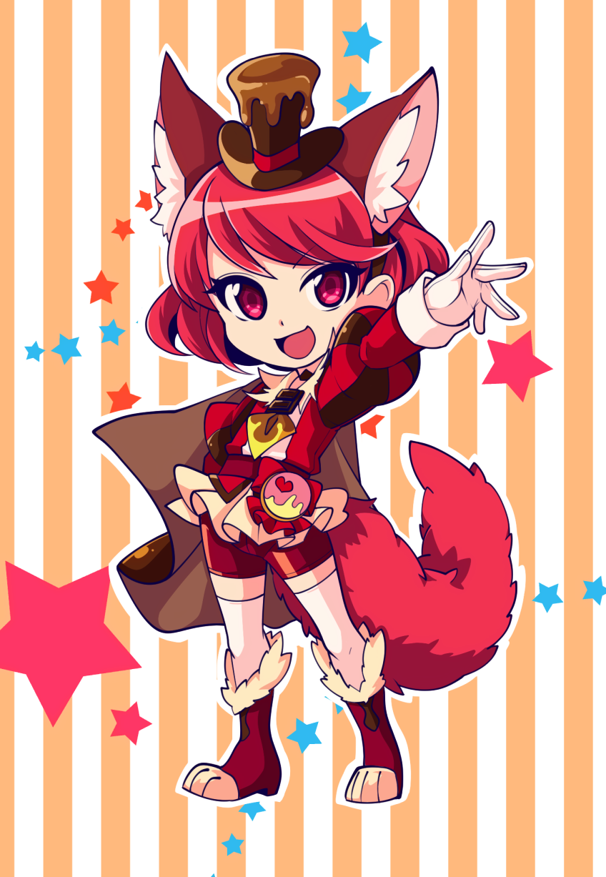 1girl, :d, animal_ears, arm_up, bike_shorts, boots, brown_cape, brown_hat, cape, cosplay, cure_chocolat, cure_chocolat_(cosplay), dog_ears, dog_tail, extra_ears, full_body, gloves, hat, highres, juliet_sleeves, kenjou_miku, kirakira_precure_a_la_mode, knee_boots, long_sleeves, looking_at_viewer, magical_girl, open_mouth, precure, puffy_sleeves, red_eyes, red_footwear, red_shorts, redhead, short_hair, shorts, shorts_under_skirt, skirt, smile, solo, standing, star, striped, striped_background, tail, take_(takegene), thigh-highs, top_hat, vertical-striped_background, vertical_stripes, white_gloves, white_legwear, white_skirt