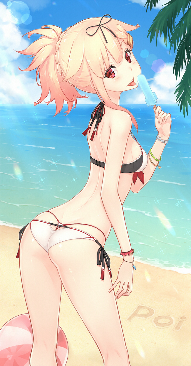 1girl, 2016, ass, back, bangs, beach, bikini, black_ribbon