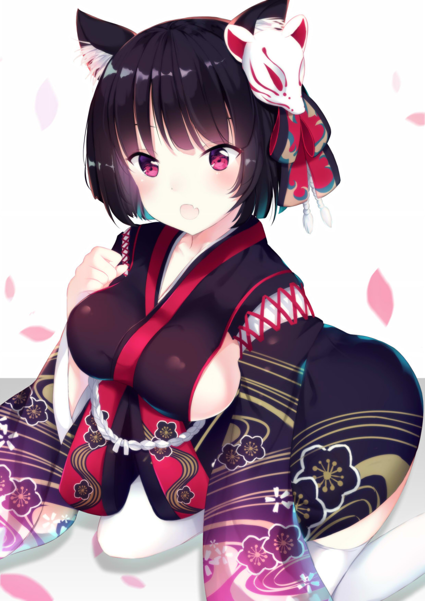 1girl, animal_ears, azur_lane, black_hair, breasts, cherry_blossoms, fang, highres, japanese_clothes, kimono, long_sleeves, looking_at_viewer, mask, mask_on_head, open_mouth, petals, red_eyes, short_hair, sideboob, solo, tamakinoki, thigh-highs, white_legwear, wide_sleeves, yamashiro_(azur_lane)
