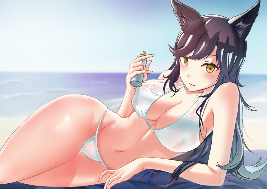 1girl, animal_ears, atago_(azur_lane), azur_lane, bangs, beach, bikini, black_hair