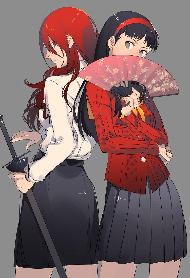 2girls, amagi_yukiko, back-to-back, black_hair, blazblue:_cross_tag_battle, covering_mouth, cowboy_shot, fan