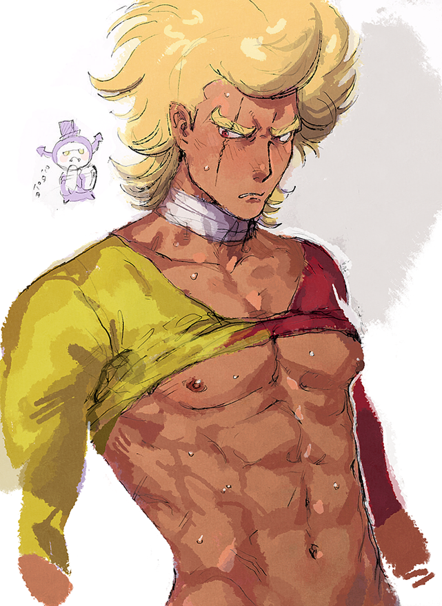 1boy, abs, akutsumi, bandage, bara, blonde_hair, blush, dark_skin, dark_skinned_male, grave_(precure), kirakira_precure_a_la_mode, long_hair, looking_away, male_focus, muscle, navel, nendo_(precure), nipples, precure, red_eyes, scar, shirt_lift, solo, sweat, upper_body