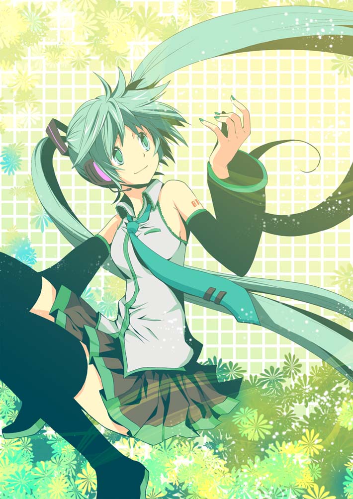 aqua_hair, detached_sleeves, hatsune_miku, headset, long_hair, matsumaro, nail_polish, necktie