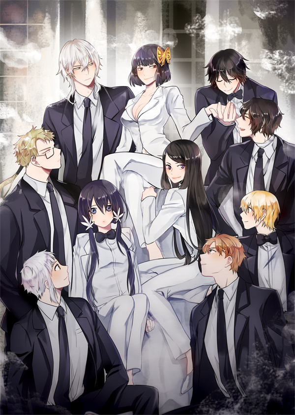 3girls, 6+boys, bow, bowtie, breasts, bungou_stray_dogs, cleavage, commentary_request