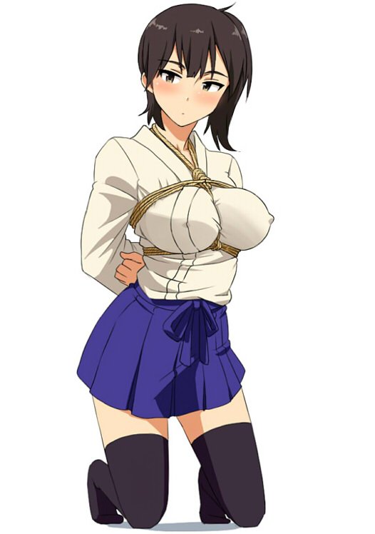 1girl, arms_behind_back, bdsm, bondage, bound, breast_bondage, brown_eyes, brown_hair, hakama_skirt, japanese_clothes, kaga_(kantai_collection), kantai_collection, kneeling, kozou_(rifa), long_hair, looking_at_viewer, rope, shibari, shibari_over_clothes, side_ponytail, simple_background, solo, thigh-highs, white_background