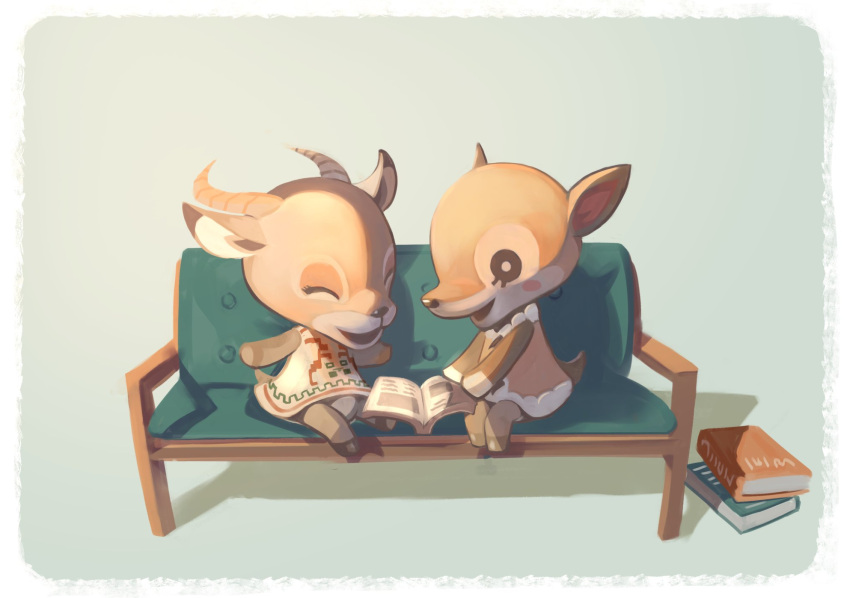 1boy, 1girl, book, closed_eyes, couch, deer, deer_ears, deer_tail
