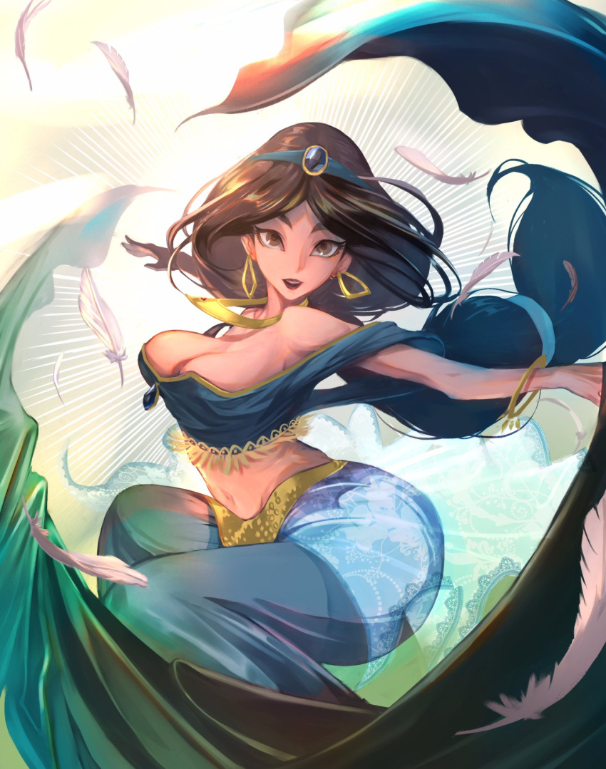 1girl, aladdin_(disney), arabian_clothes, bare_shoulders, black_hair, braid, breasts, brown_eyes