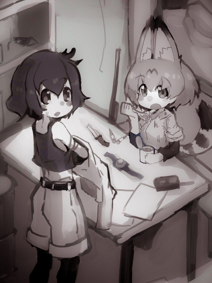 2girls, animal_ears, can, cosplay, hat, highres, kaban_(kemono_friends), kemono_friends, knife, lucky_beast_(kemono_friends), mirai_(kemono_friends), mirai_(kemono_friends)_(cosplay), multiple_girls, open_mouth, pantyhose, pantyhose_under_shorts, serval_(kemono_friends), serval_ears, serval_tail, shirt, short_hair, shorts, sleeveless, sleeveless_shirt, spoon, tail, tank_top, teranekosu