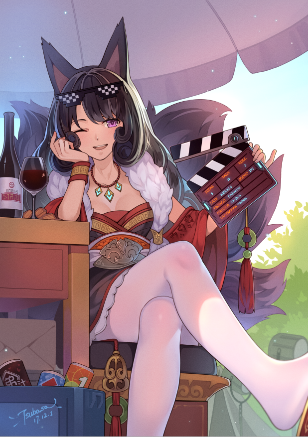 1girl, ;d, animal_ears, artist_name, asymmetrical_bangs, bangs, black_hair, black_kimono