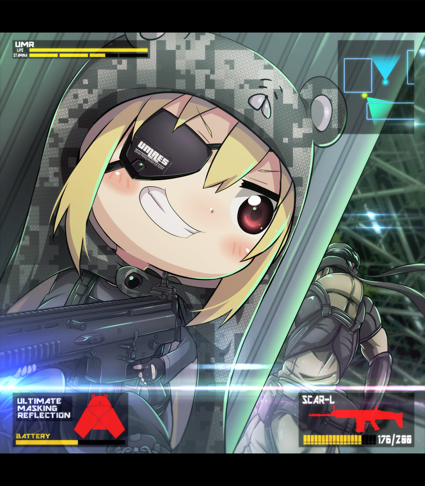 blonde_hair, bulletproof_vest, camouflage, chest_armor, cosplay, doma_umaru, eyepatch, fingerless_gloves