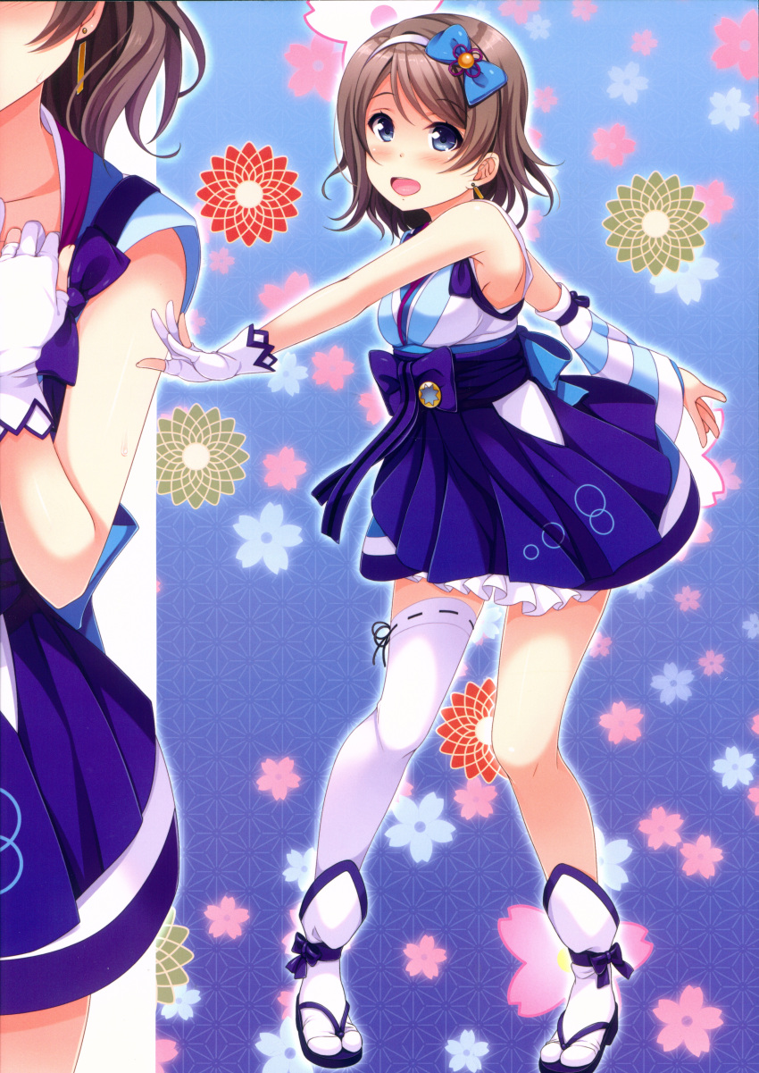 1girl, absurdres, ankle_bow, ankle_ribbon, asymmetrical_legwear, asymmetrical_sleeves, bangs, bare_shoulders, blue_bow, blue_eyes, blush, bow, breasts, detached_sleeves, earrings, eyebrows_visible_through_hair, floral_background, full_body, gloves, grey_hair, hair_bow, hair_ornament, hairband, highres, hino_minato_(spec.c), huge_filesize, japanese_clothes, jewelry, kimono, looking_at_viewer, love_live!, love_live!_sunshine!!, medium_breasts, mijuku_dreamer, obi, open_mouth, partly_fingerless_gloves, pin, ribbon, ribbon-trimmed_legwear, ribbon_trim, sandals, sash, short_hair, single_glove, single_thighhigh, sleeveless, sleeveless_kimono, smile, socks_over_thighhighs, solo, standing, striped_sleeves, tabi, thigh-highs, watanabe_you, white_gloves, white_legwear