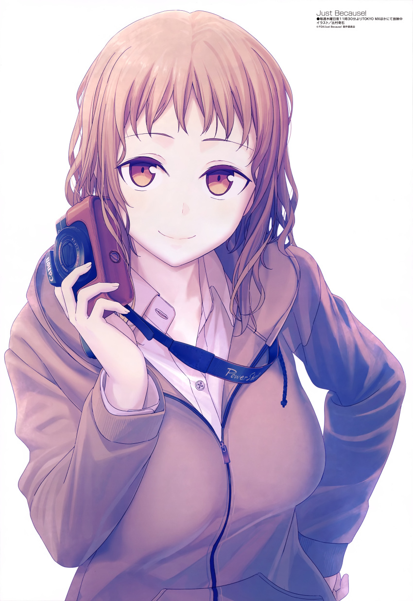 1girl, absurdres, brown_eyes, brown_hair, brown_hoodie, camera, highres, himura_kiseki