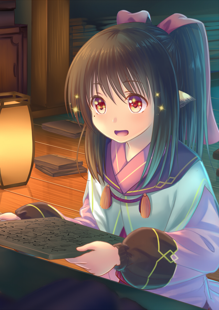 1girl, animal_ears, bangs, black_hair, blush, hair_ribbon, japanese_clothes, koko_(koko3)