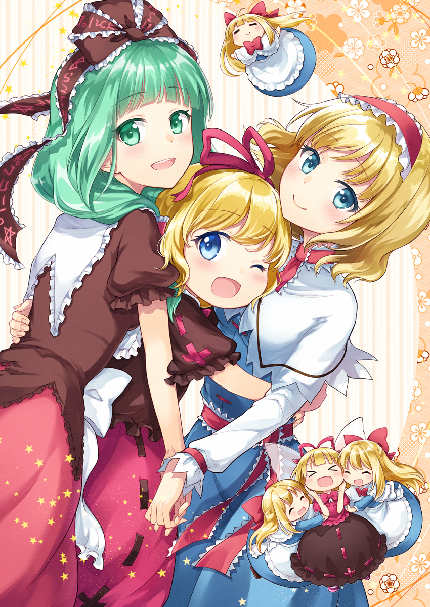 >_<, 3girls, :d, ;d, =v=, ^_^, alice_margatroid, apron