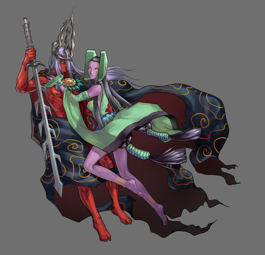 1boy, 1girl, barefoot, crown, holding, holding_sword, holding_weapon, long_hair