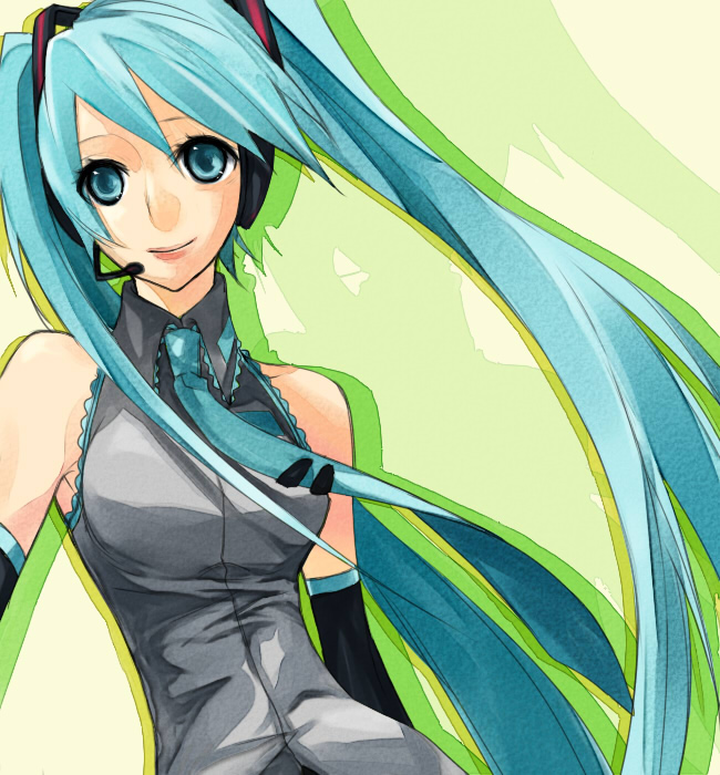 aqua_hair, bad_id, detached_sleeves, hatsune_miku, long_hair, microphone, necktie, shiika, twintails, very_long_hair, vocaloid