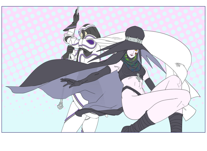1boy, 1girl, armband, armor, black_gloves, black_hair, cape, celtic_cross