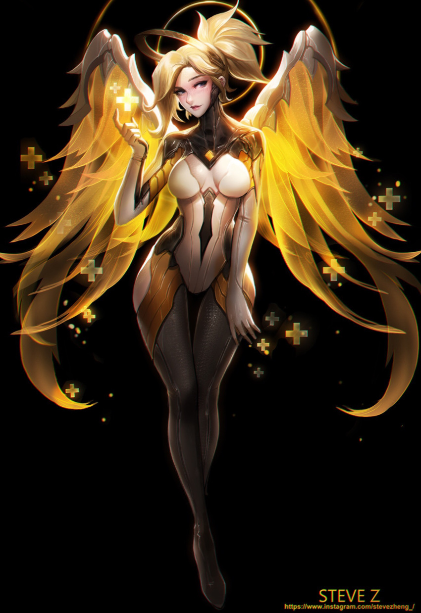 +, 1girl, adapted_costume, artist_name, backlighting, black_background, blonde_hair, blue_eyes