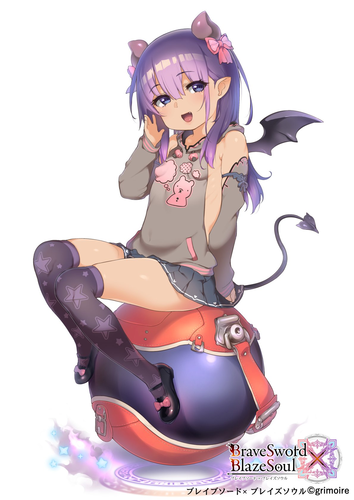1girl, :d, atte7kusa, bangs, bare_shoulders, bat_wings, black_footwear, black_skirt