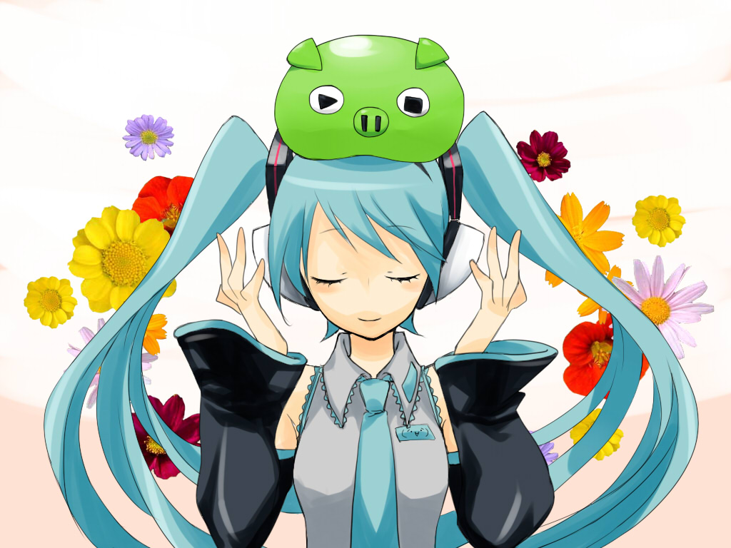 aqua_eyes, bad_id, closed_eyes, detached_sleeves, flower, hands_on_headphones, hatsune_miku, headphones, long_hair, necktie, shiika, twintails, very_long_hair, vocaloid