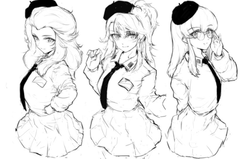 3girls, amaretto_(girls_und_panzer), anzio_school_uniform, arm_behind_back, bangs, beret, cropped_legs, dress_shirt