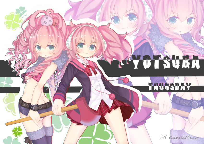 1girl, absurdres, artist_name, ass, axe, bad_anatomy, benmiaobituona, blue_eyes, blush, character_name, drill_hair, hair_ornament, hairband, highres, holding_axe, kyokugen_dasshutsu, kyokugen_dasshutsu:_9_jikan_9_nin_9_no_tobira, kyokugen_dasshutsu_adv:_zennin_shibou_desu, looking_at_viewer, midriff, multiple_views, older, pink_hair, plaid, plaid_skirt, pom_pom_(clothes), red_skirt, skirt, smile, standing, thigh-highs, two_side_up, watch, yotsuba_(kyokugen_dasshutsu), zoom_layer