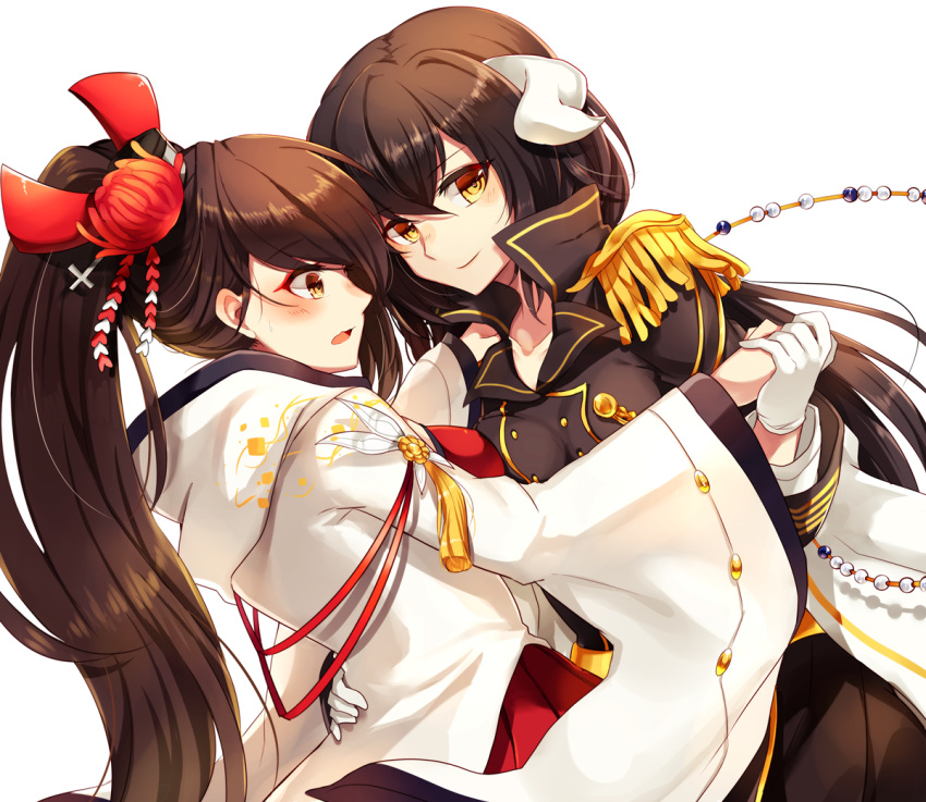 2girls, azur_lane, black_hair, blush, brown_hair, buttons, dress, epaulettes, gloves, hair_between_eyes, hair_ornament, hand_on_another's_hip, horns, japanese_clothes, long_hair, long_sleeves, looking_at_viewer, mikasa_(azur_lane), military, military_uniform, mohuta1203, multiple_girls, ponytail, smile, uniform, very_long_hair, white_gloves, wide_sleeves, zuikaku_(azur_lane)