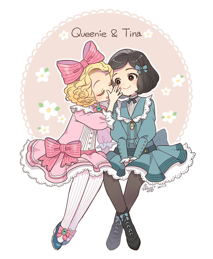 2girls, artist_name, black_hair, blonde_hair, blush, boots, bow, brown_eyes