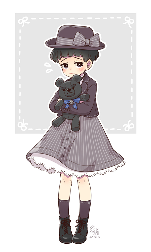 1boy, artist_name, black_eyes, black_hair, boots, bow, credence_barebone, dress, fantastic_beasts_and_where_to_find_them, hat, nightcat, simple_background, solo, stuffed_animal, stuffed_toy, teddy_bear, trap, white_background, younger