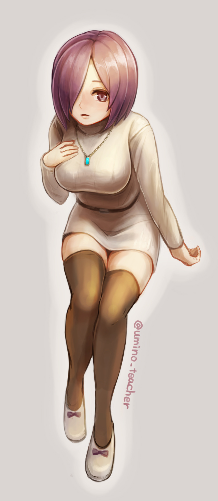 1girl, absurdres, black_legwear, breasts, dress, hair_over_one_eye, highres, jewelry