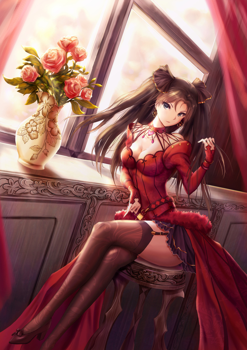 1girl, bare_shoulders, black_legwear, blue_eyes, breasts, brown_hair, chair, cleavage