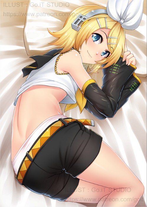 1girl, artist_name, ass, back, bangs, bare_back, bare_shoulders, bed_sheet